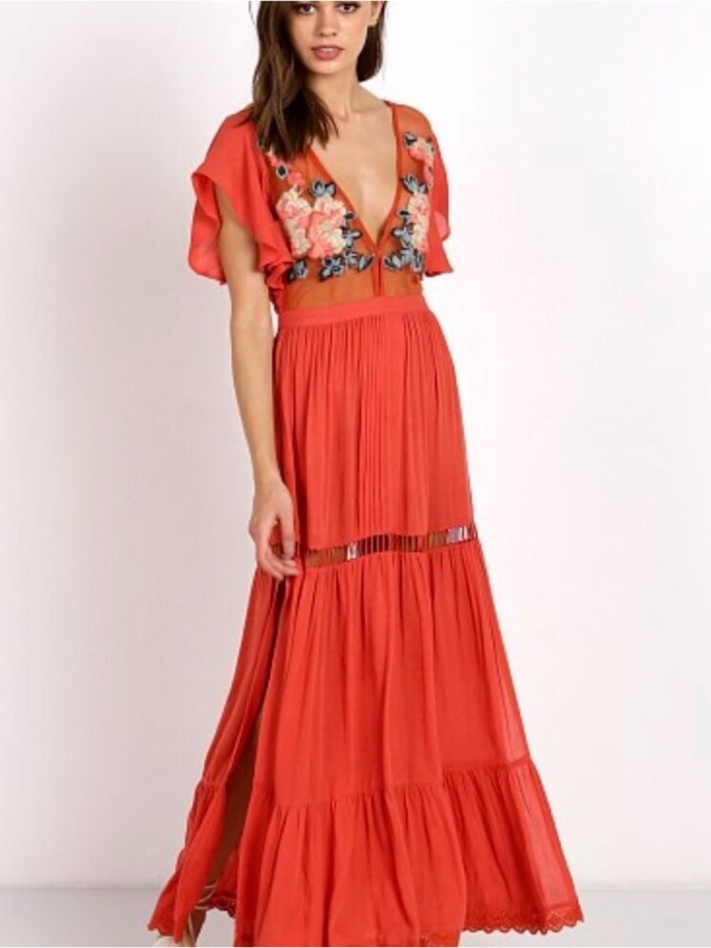 Cleobella Duende Embroidered Maxi Dress Coral Floral Mesh Boho Size M